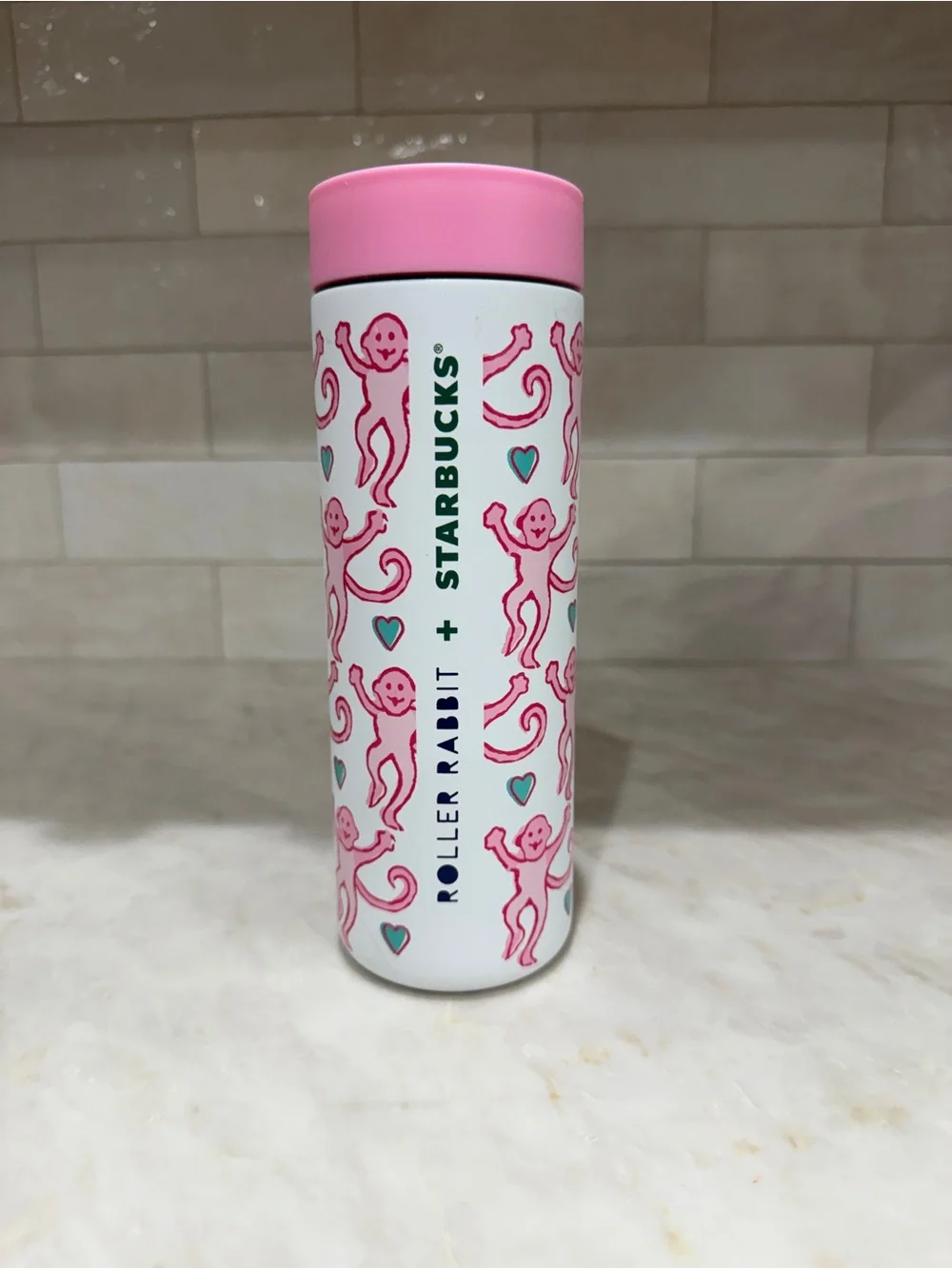 Roller Rabbit Pink & White Monkey Pattern Insulated Tumbler